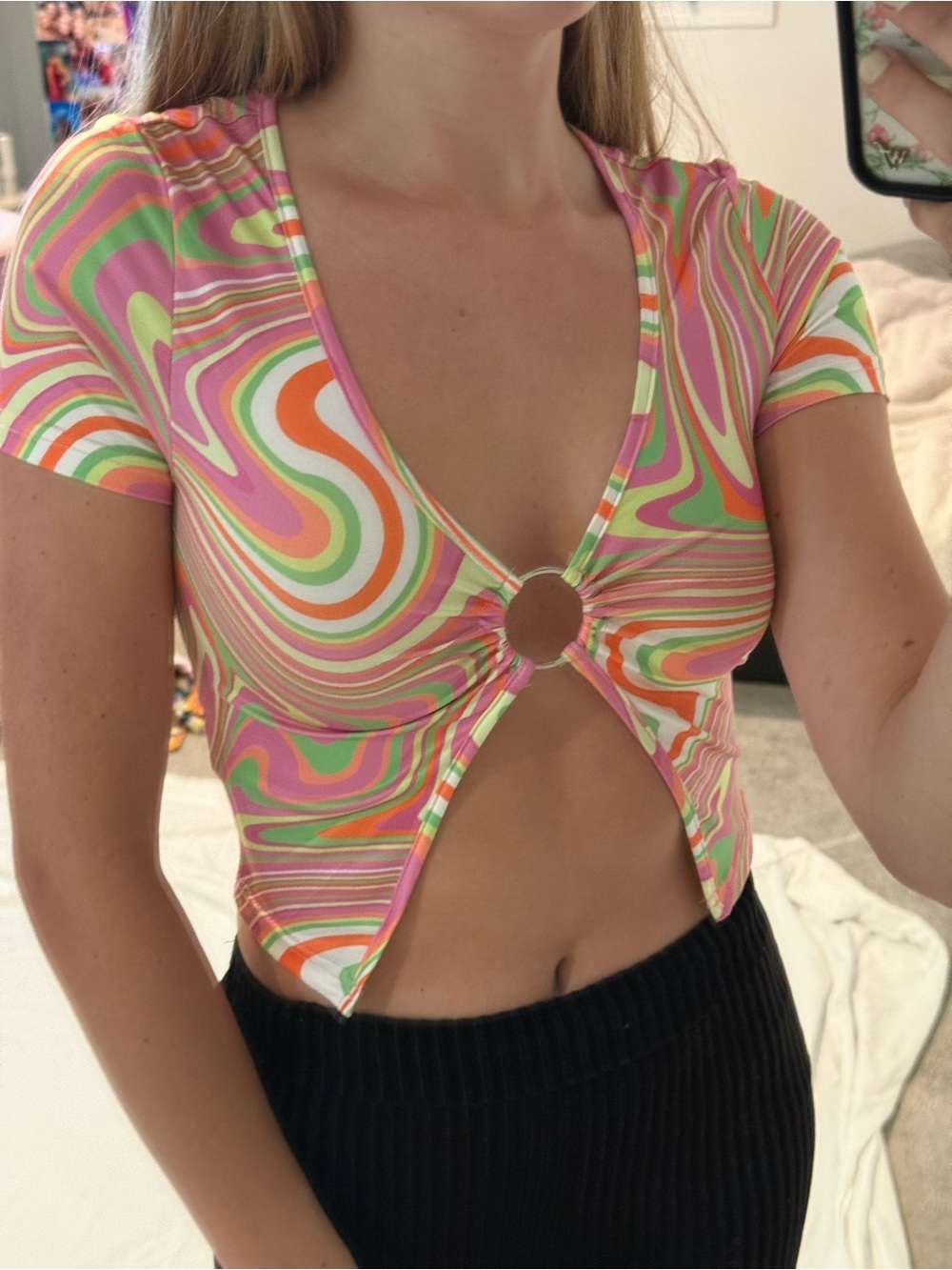 Swirl-Print Ring Front Crop Top - Pink/Green/Orange